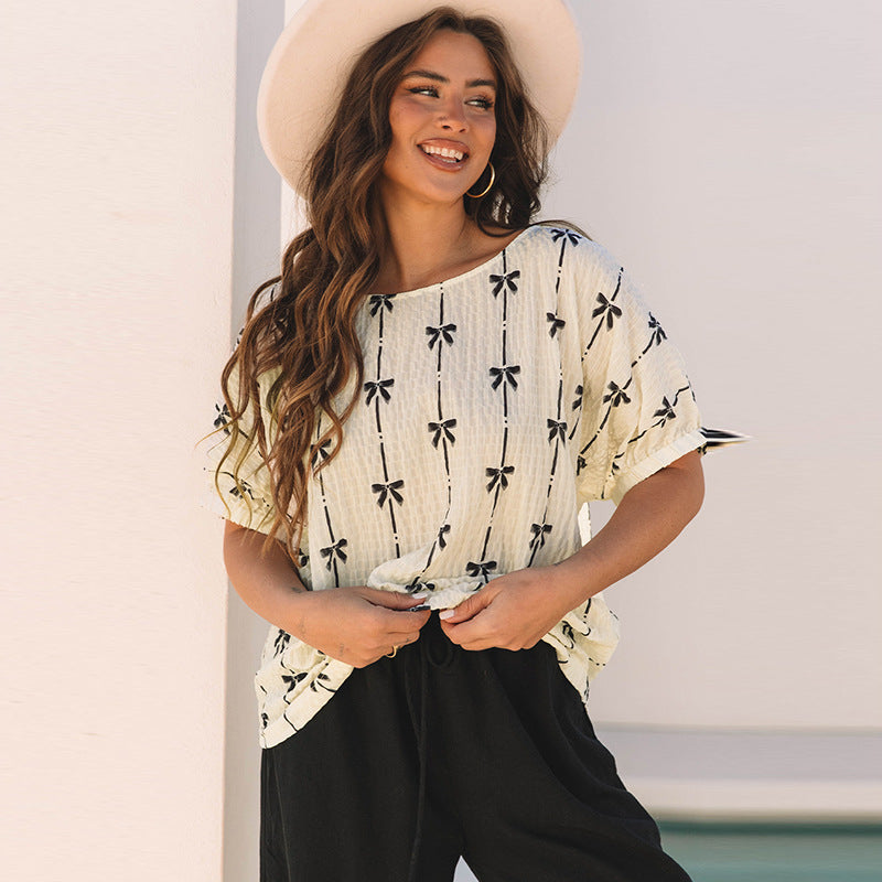 Summer Pullover round Neck Short Sleeve Top Women Sweet Bow Print Chiffon Shirt Women