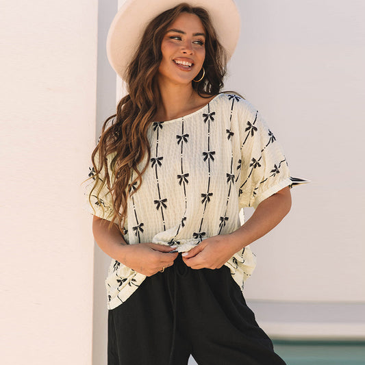 Summer Pullover round Neck Short Sleeve Top Women Sweet Bow Print Chiffon Shirt Women