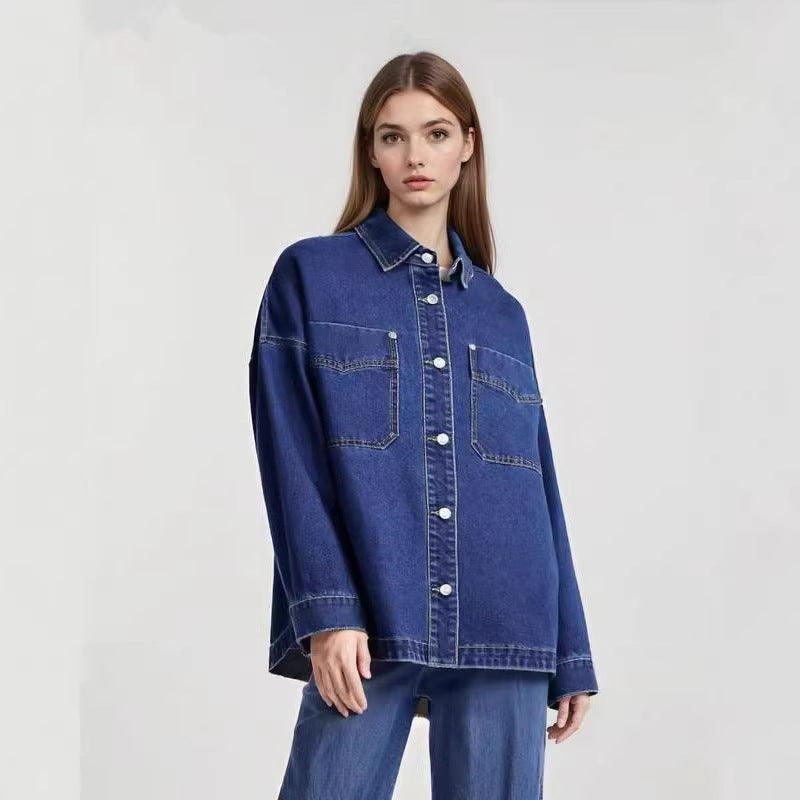 Washed Retro Loose Casual Early Autumn Split Denim Shirt for Women