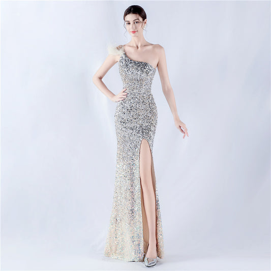 Dress Gradient Velvet Bottom Sequin Craft Order Ostrich Feather One Shoulder Diagonal Collar High Fork Evening Dress