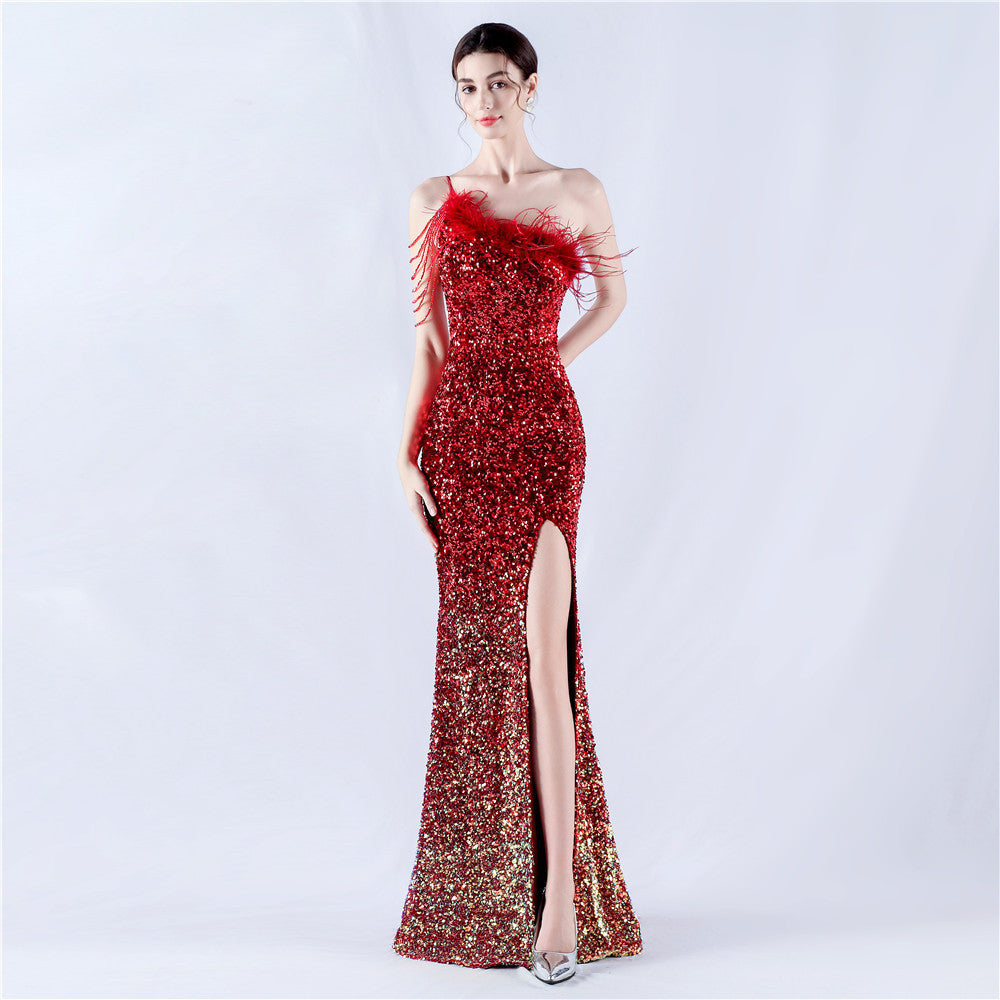 Lengthened Ostrich Feather Beaded Sequ One Shoulder Diagonal Collar High Fork Evening Dress
