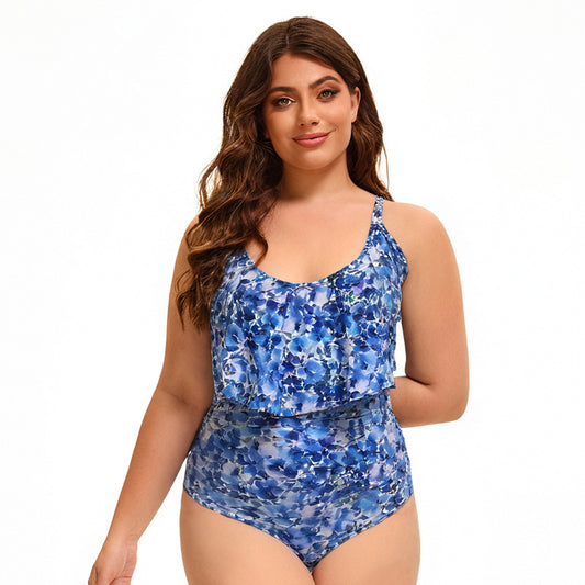 Printed Flounce Triangle Siamese Conservative Swimsuit Women Slim Looking Belly Covering plus Sized plus Sized Swimwear